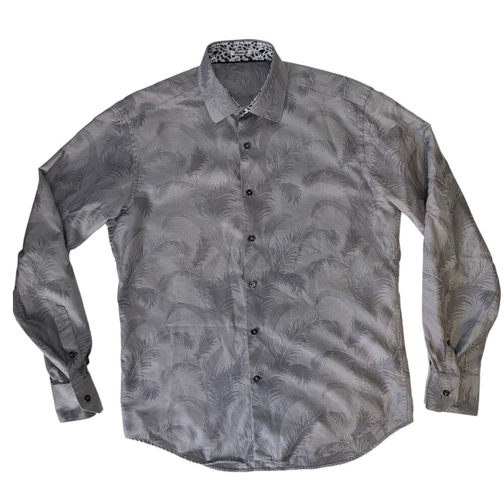 Bugatchi Uomo Gray Palm Tree Leaves Flip Cuff Button Up Long Sleeve Shirt Size M